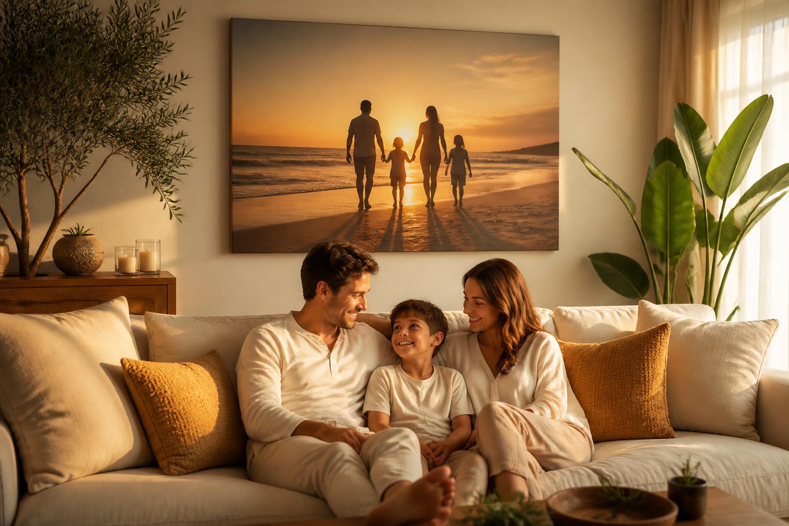 Familie zu Hause mit einer großen personalisierten Foto-Leinwand von NOREX an der Wand